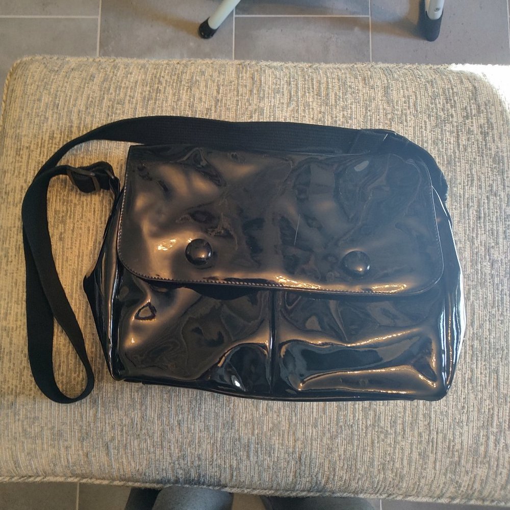 Black Faux Patent Leather Messenger Bag